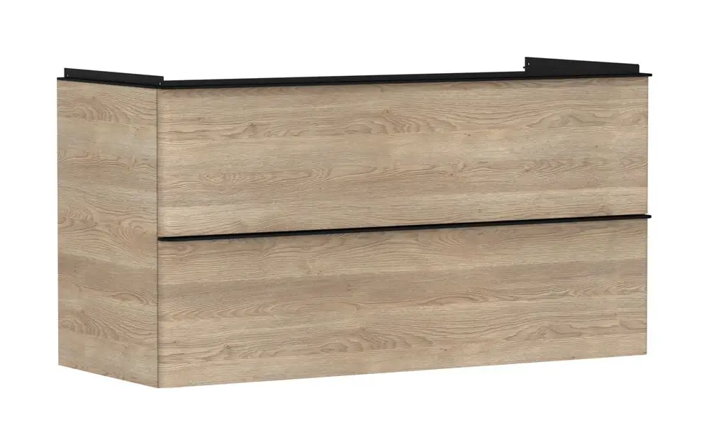 Waschtischunterschrank in Holzoptik mit zwei Schubkästen, designed von Hansgrohe, ohne erkennbare Maße oder spezifische Produktbezeichnung.